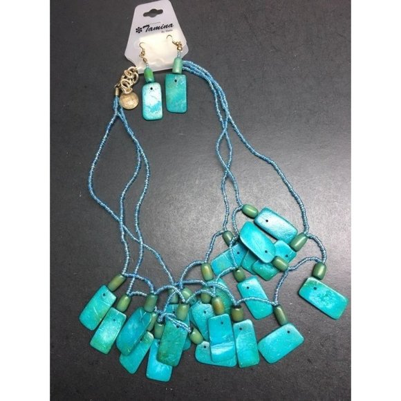 Turquoise Statement Necklace Earrings Silver Green Dangle Pierced Retro BoHo - Picture 1 of 7